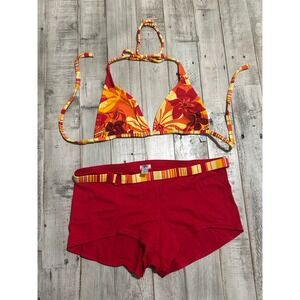 Malibu Dream Girl Red Floral BikiniTop Small and Belted Boy Short Bottoms Medium